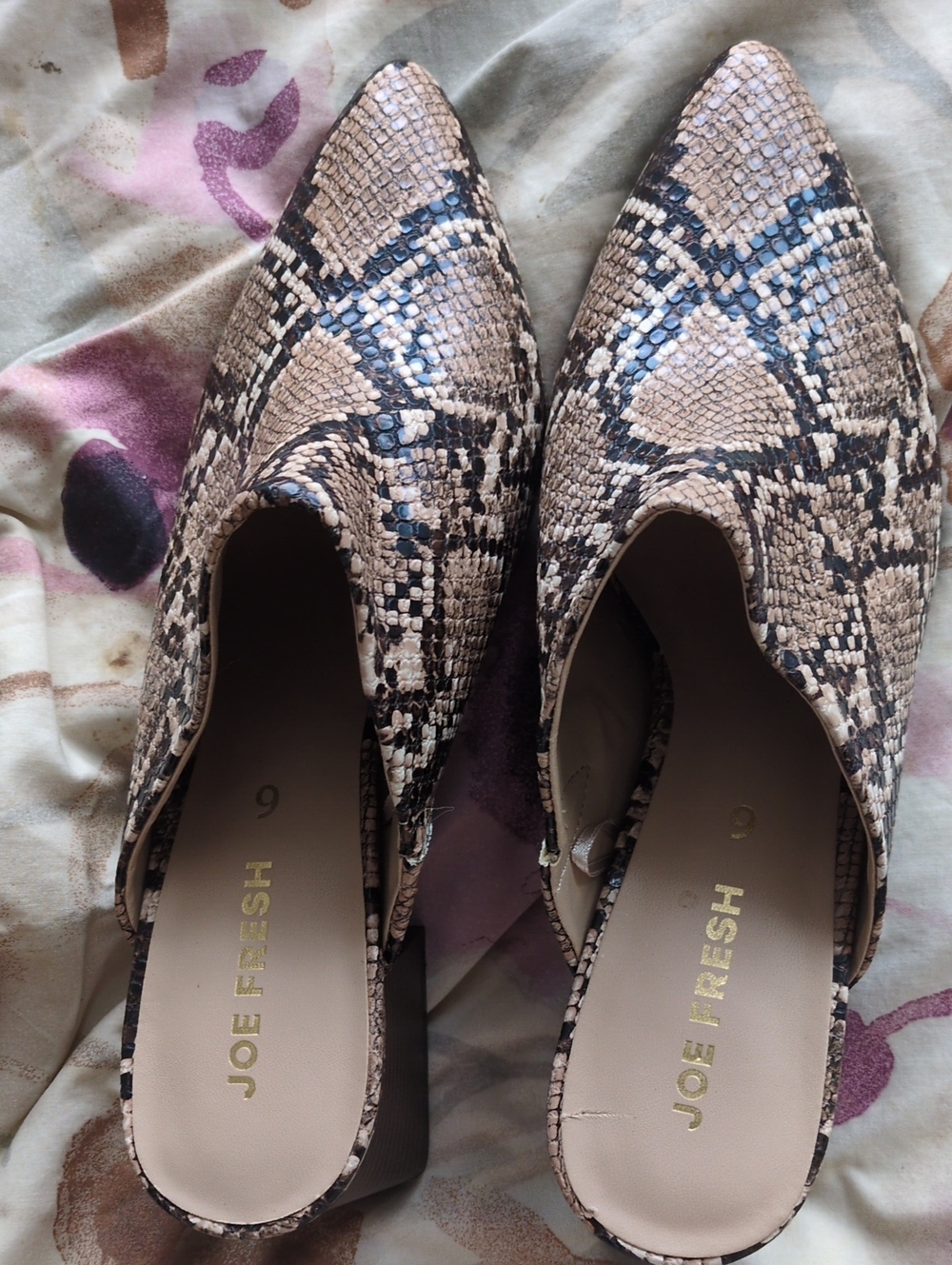 Joe Fresh Never Worn Snake-Print Pointed Toe Mules in Taupe